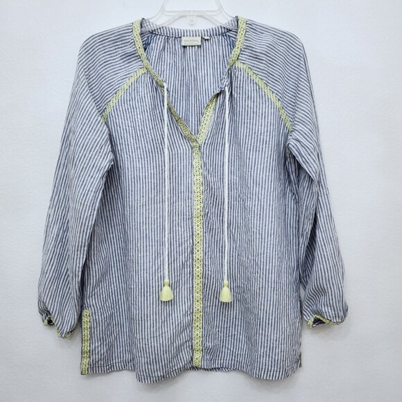 Spartina 449 Striped V-Neck Linen Tassel Blouse With Yellow Accents Size Medium - Picture 2 of 12